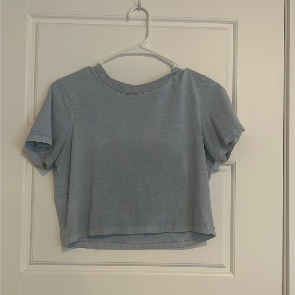 Blue Boxy Crop Top with Cuffed Sleeves
